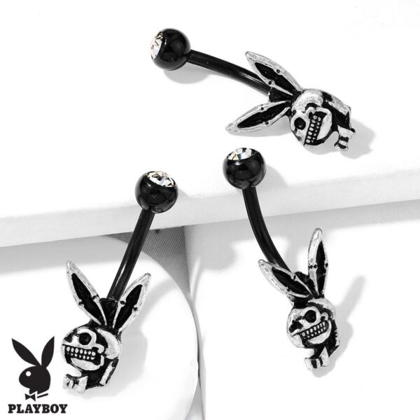 Burnish Silver "Playboy" Bunny Skull with Black PVD Over 316L Surgical Steel Belly Button Navel Ring