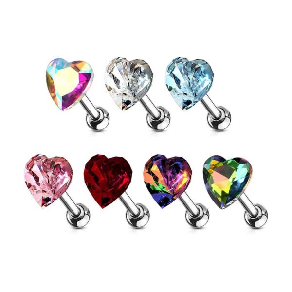 Heart Crystal Top 316L Surgical Steel Cartilage / Tragus Barbell - Image 2