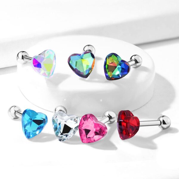 Heart Crystal Top 316L Surgical Steel Cartilage / Tragus Barbell - Image 4