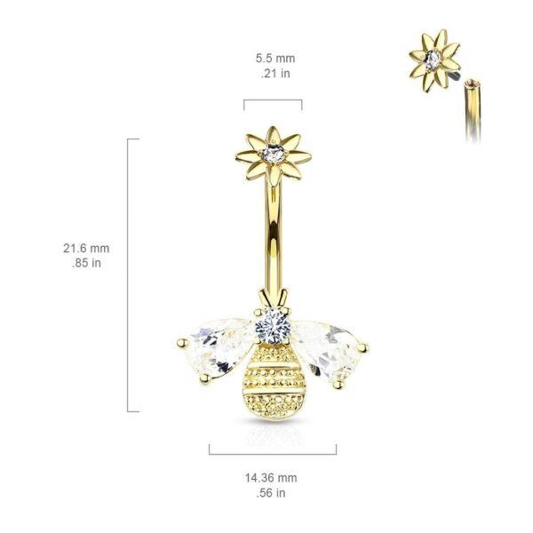 Internally Threaded Bee Belly Bar With Flower Top & CZ Wings