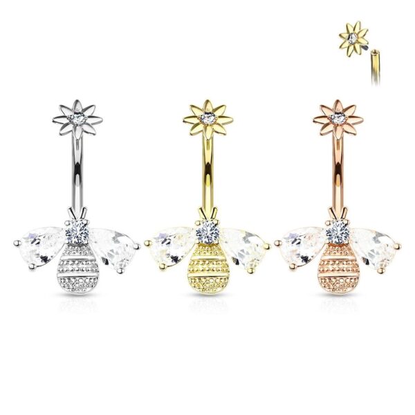 Internally Threaded Bee Belly Bar With Flower Top & CZ Wings