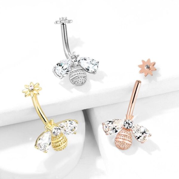 Internally Threaded Bee Belly Bar With Flower Top & CZ Wings