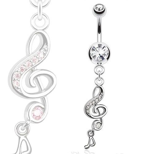 Surgical Steel Paved Gem Treble Clef Belly Bar With Dangle Music Note