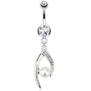 Surgical Steel Belly Bar / Navel Ring With Dangle Pearl Centred CZ Eye