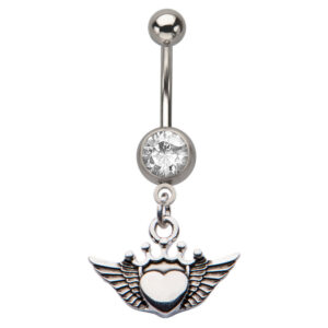CZ Gem Belly Bar / Navel Ring WIth Dangle Crown Heart And Angel Wings