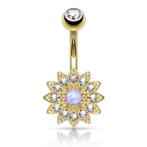 Paved Petite Crystal Flower Belly Bar / Navel Ring With Synthectic Opal Centre