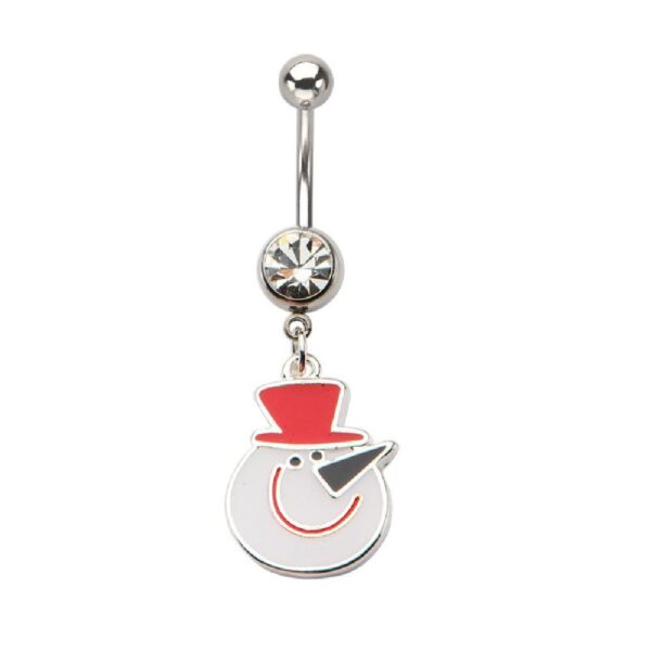 Xmas CZ Belly Bar / Navel Ring With Dangle Christmas Snowman Head