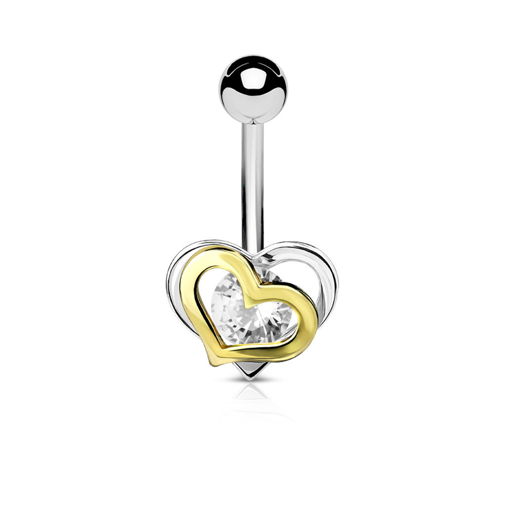 Gold And Steel Two Tone Cz Heart Surgical Steel Belly Bar Navel Ring