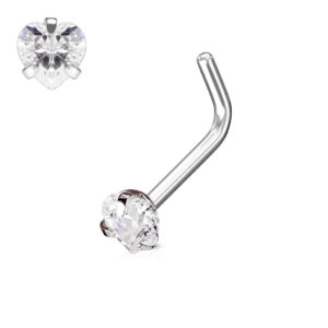 “L” Bend Heart CZ Jewelled 316L Surgical Steel Nose Studs / Ring