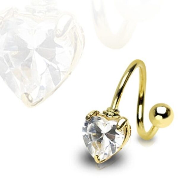Gold Plated Surgical Steel Twister Prong Set CZ Heart Belly Bar / Navel Ring