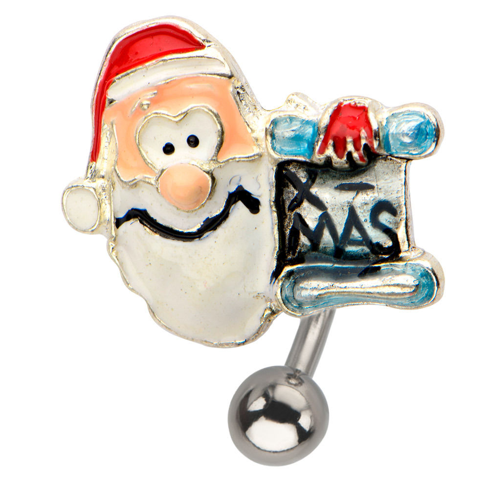 Reverse Christmas / Xmas Belly Bar / Navel Ring With Santa Head And Scroll