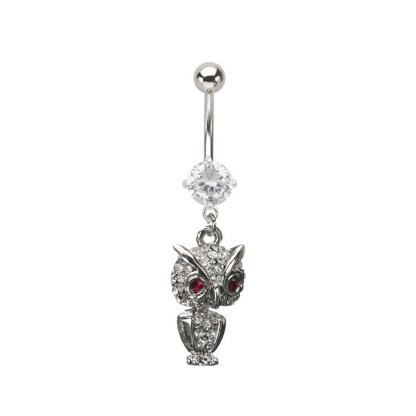Prong Set Surgical Steel CZ Belly Bar / Navel Ring With Dangle Gem Paved Owl