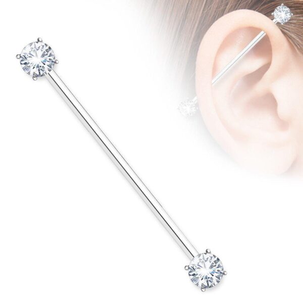 Round CZ Prong Set Ends Surgical Steel Industrial Barbell