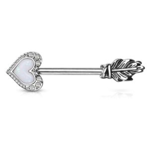 Opal Glitter Heart Arrow CZ Paved Nipple Bar With Feather End And 316L Barbell