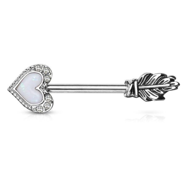 Opal Glitter Heart Arrow CZ Paved Nipple Bar With Feather End And 316L Barbell