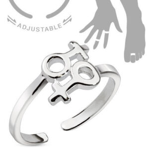 Adjustable Rhodium Plated Brass CZ Toe Ring / Mid Ring With Double Female Symbol