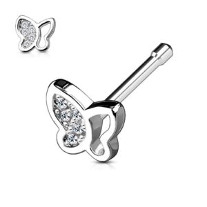 Hollow Half Paved CZ Butterfly Top 316L Surgical Steel Nose Bone / Stud / Ring
