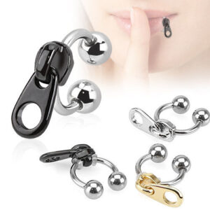 16G (1.2mm) Surgical Stainless Steel Horseshoe Lip Ring With Dangle Zipper