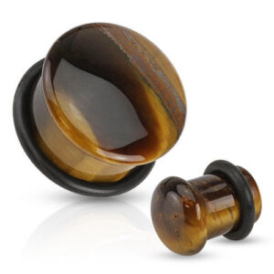 Semi Precious Domed Tiger Eye Stone Single Flare Plug With O Ring