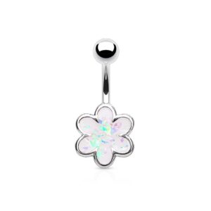 Opal Glitter Filled 6 Petal Flower 316L Surgical Steel Belly Bar / Navel Ring