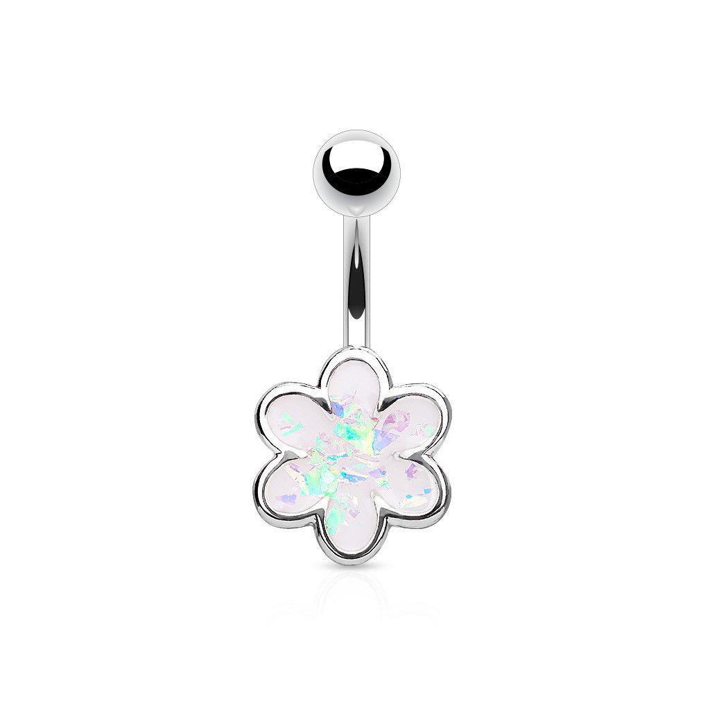 Opal Glitter Filled 6 Petal Flower 316L Surgical Steel Belly Bar / Navel Ring The Body