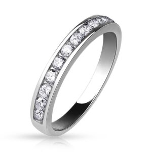 Half Circle CZ Set Brass Eternity Ring With Rhodium Plating