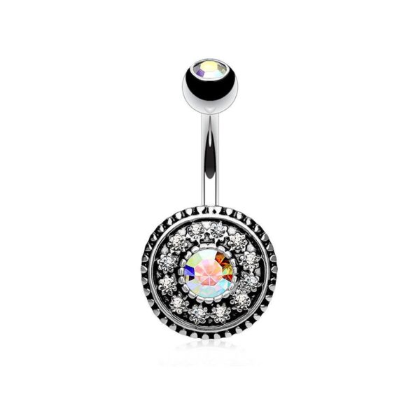 Multi CZ Paved Vintage Shield 316L Surgical Steel Belly Bar / Navel Ring