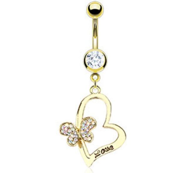 Gold Plated "Love" Engraved Heart Belly Bar With Gem Paved Butterfly