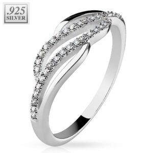 Micro CZ Paved Wave Centre Lines .925 Sterling Silver Ring with Rhodium Finish