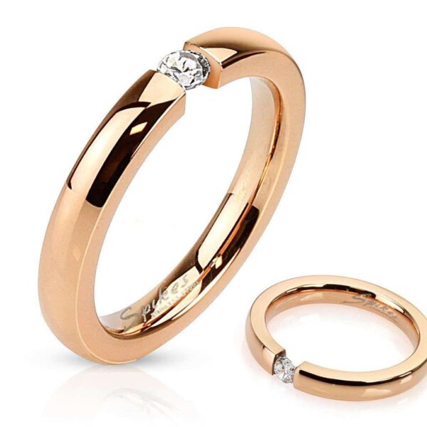 3mm Tension Set CZ Rose Gold IP Surgical Stainless Steel Band Ring