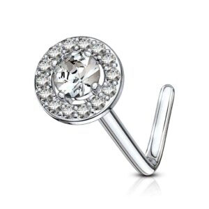 Round CZ Centre Top Double Tiered 316L Surgical Steel “L” Bend Nose Stud / Ring