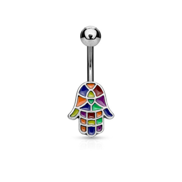 Surgical Steel Multi Coloured Hamsa Belly Piercing Bar / Navel Ring