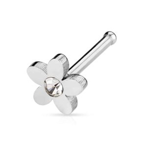 20g (0.8mm) Jewelled Nose Stud / Bone With Crystal Centred 5-Petal Flower
