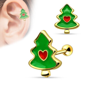 Christmas / Xmas Tree with Heart Surgical Steel Tragus / Cartilage Barbell