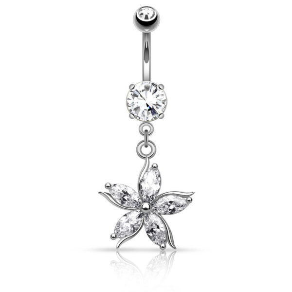 Crystal Flower Belly Bar / Navel Ring With CZ Shard Petals