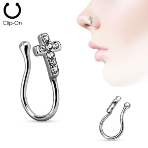 Clear Gem Cross Gold IP Non Piercing Nose Clip / Ring