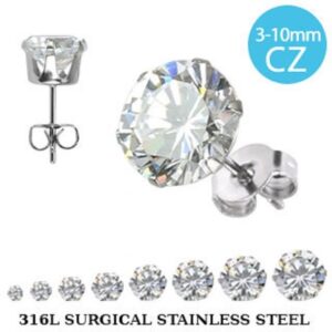 Pair of Prong Set Round CZ 316L Surgical Steel Stud Earrings – Various Sizes