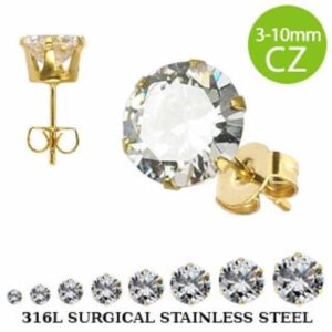 Pair of Gold Plated Round CZ 316L Surgical Steel Stud Earrings – Various Sizes