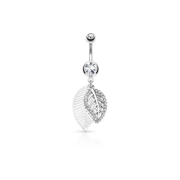 CZ Paved Dangle Leaves 316L Surgical Steel jewelled Belly Bar / Navel Ring