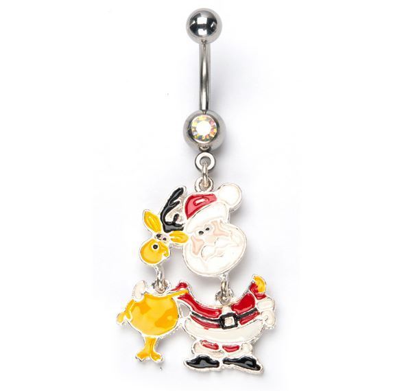Boxed Dangle Santa Claus & Reindeer Christmas CZ Belly Bar / Navel Ring