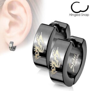 Black Huggie Earrings With Gold Dragon