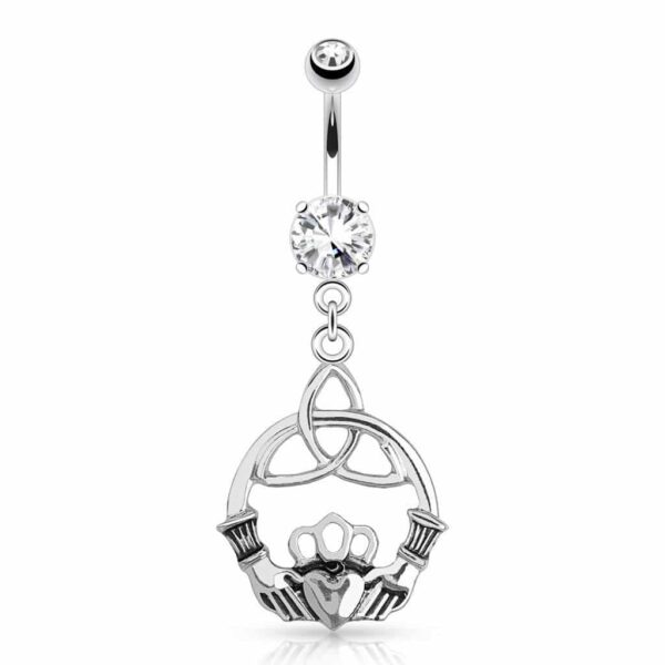 Surgical Steel CZ Belly Piercing Bar With Dangle Celtic Knot / Claddagh
