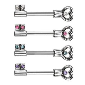 Surgical Steel Heart Key Nipple Ring / Barbell With CZ gems