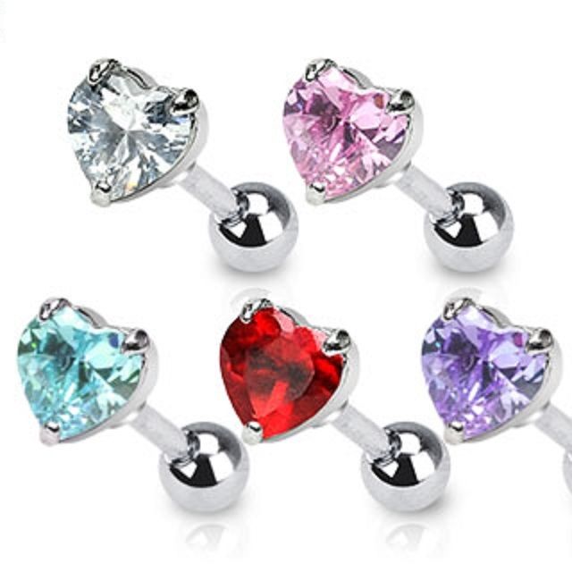 16g Surgical Steel Tragus / Cartilage Barbell With 5mm CZ Heart