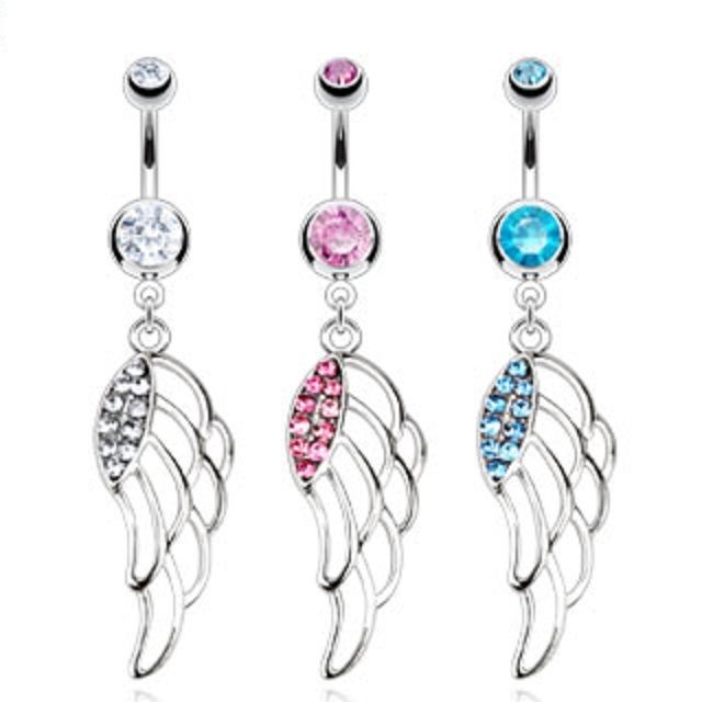 Surgical Steel Belly Bar / Navel Ring With Multi Paved CZ Hollow Angel