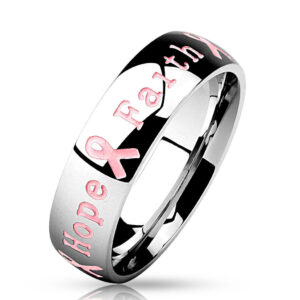 “Courage, Strength, Hope, Faith” Pink Awareness Ribbon Stainless Steel Ring