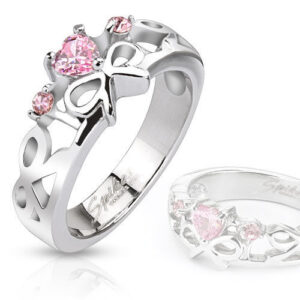 Pink Heart Gemmed Ribbons Cast Ring Stainless Steel