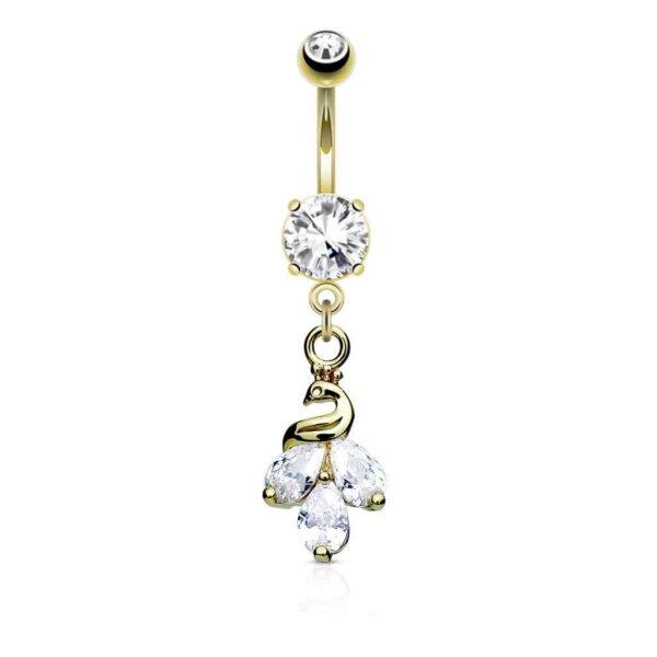 CZ Cluster Peacock Dangle Prong Set Surgical Steel Belly Bar / Navel Ring