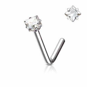 Square CZ Jewelled 316L Surgical Steel “L” Bend Nose Studs / Ring