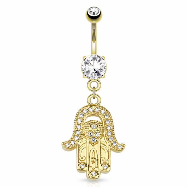 Gold Plated Surgical Steel Paved CZ Dangle Hamsa Belly Piercing Bar / Navel Ring